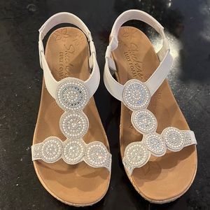 Skechers Luxe Foam White Sequin Cork Wedges